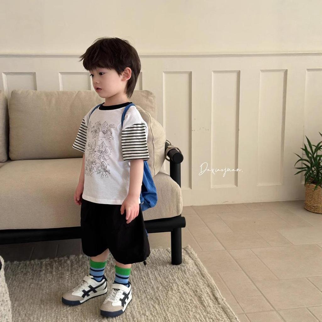 Available Boys' Summer T-Shirt & Shorts Set - Cartoon Top with Trendy Workwear Shorts