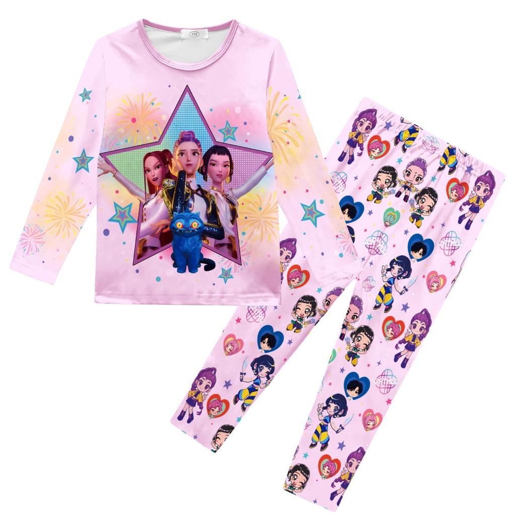 Kids Girls K-POP Rumi Mira Zoey Print Long Sleeves T-Shirt Top Pants Trousers Pajamas Sleeping Sleepwear Sets