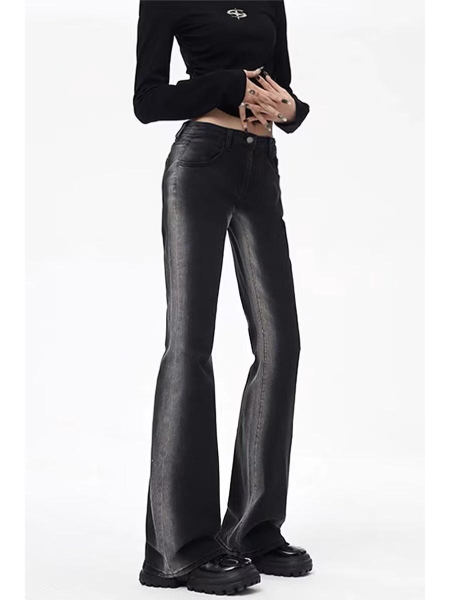 

Женские джинсы клеш с высокой талией и градиентной расцветкой, колор-блок, зауженные прямые штанины, дизайн «подкова». 5XL черный серый