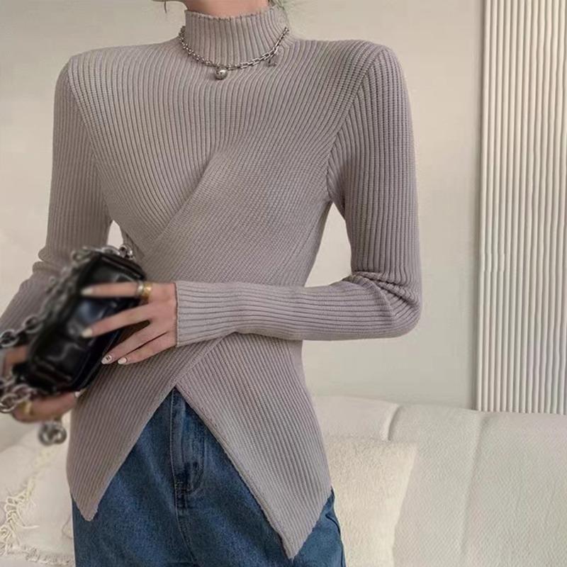 

Осенний вязаный свитер с полуводолазкой, топ для женщин, утягивающий пуловер с нишевым подолом и разрезом, топы One Size