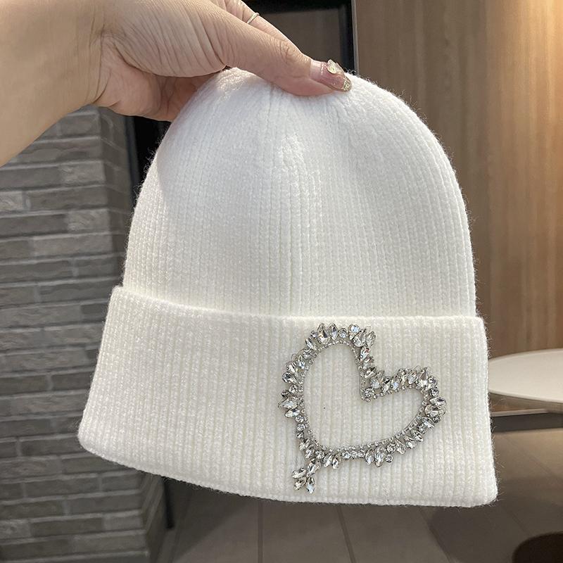 

Осенне-зимняя шапка из ангорской шерсти кролика, женская модная простая вязаная шапка с любовью и стразами, теплая шапка с защитой ушей adult average size 55-60cm белый