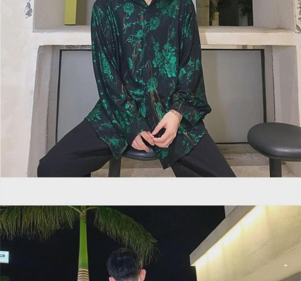 Pánská retro lesklá westernová košile s potiskem růží - Volná, trendy top kadeřníka ve stylu celebrit