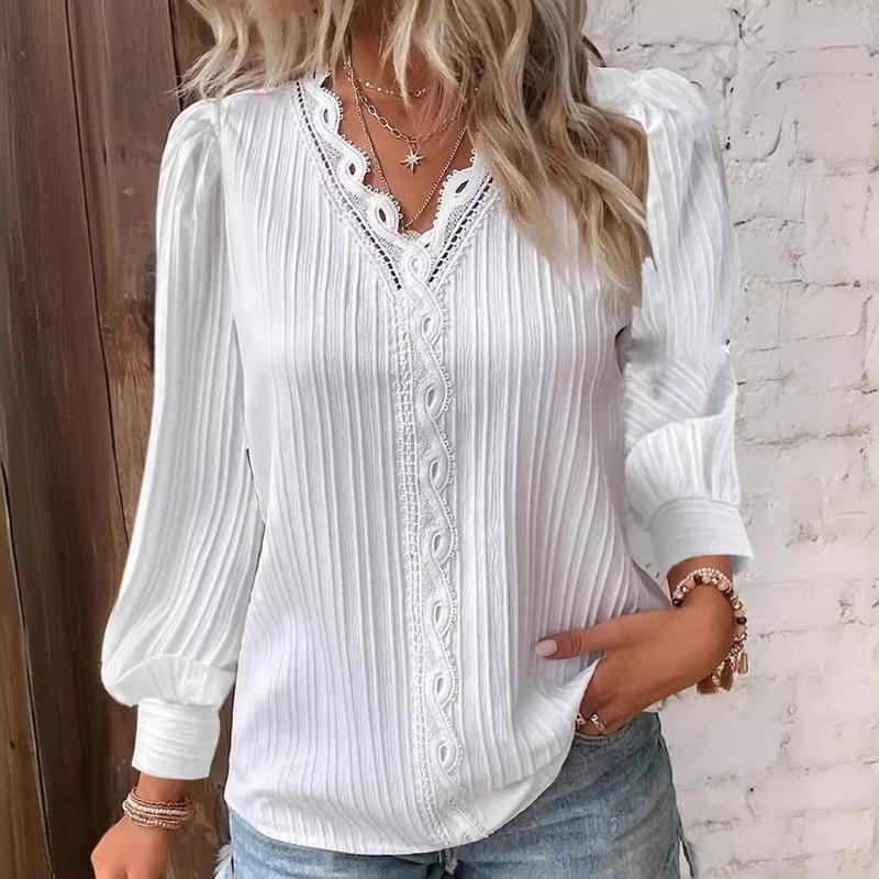 

Spring and Autumn Long Sleeve V-neck Patchwork Shirt Women s Tops S білий