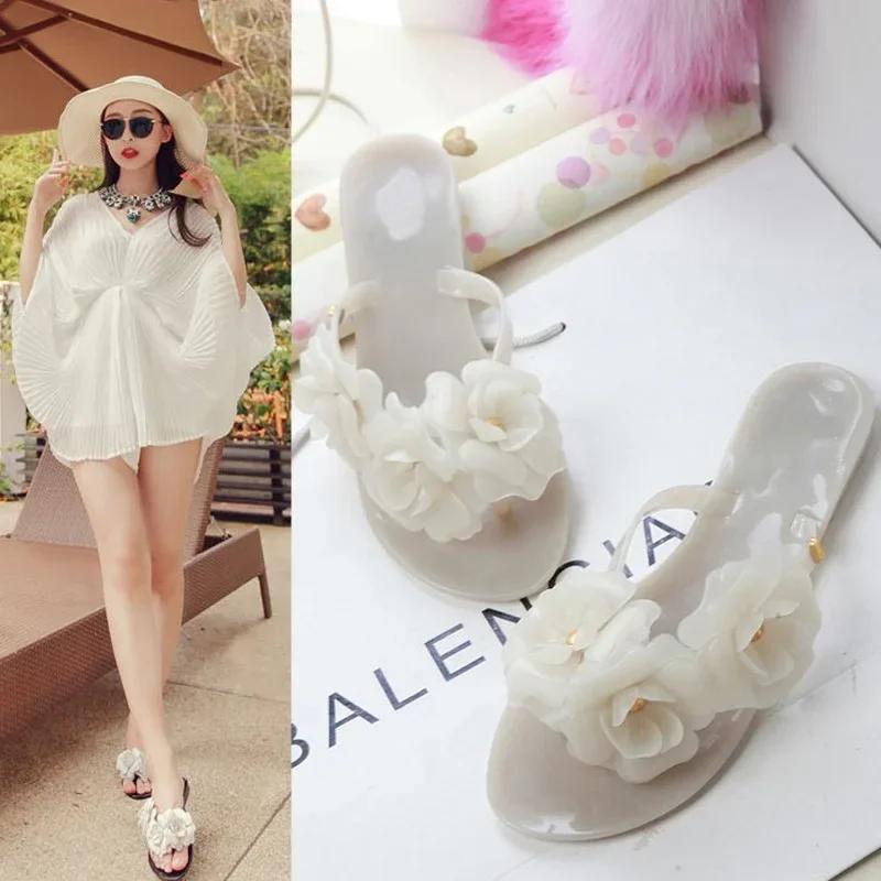 

розкішне літнє жіноче взуття 2024 В єтнамки Жіночі тапочки Жіночі пляжні босоніжки з квітковим орнаментом Жіночі желеві туфлі Sandalias Mujer 36 абрикосовий