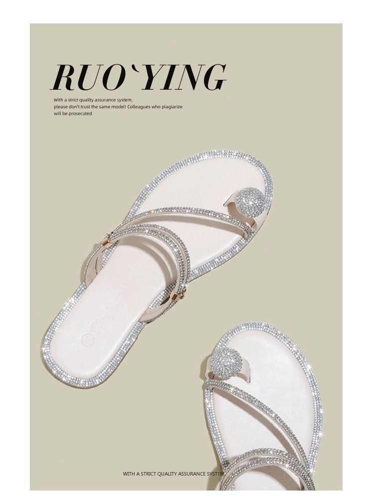 Pearl Sandals Summer Cool Slippers Shoe Cover Toe Flat Bottom Summer Outerwear Fairy Year Rhinestones