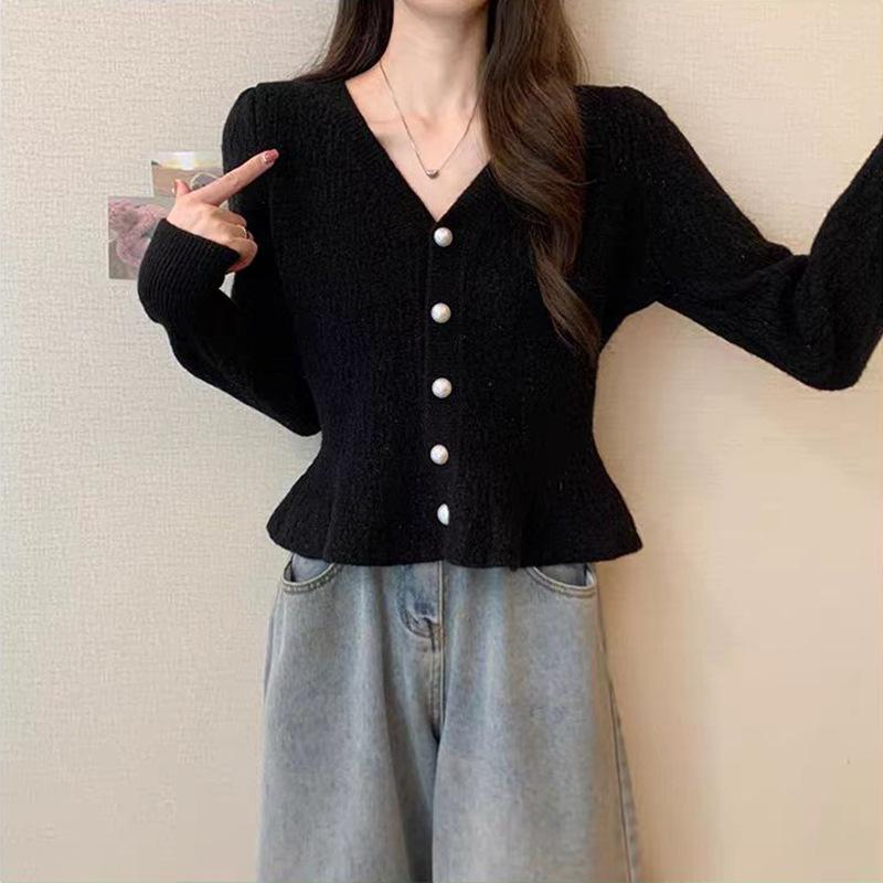 Spring Mermaid Hem Knitted Cardigan Top Women's New Korean Fashion Long Sleeved Pearl Buckle V-neck Sweater Jacket Women