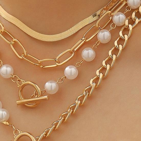 1 Ensemble Bracelet Collier Boucle OT Chaînes Cubaines Perles Imitation Collier à Longueur Réglable Bijoux à Superposer Cadeau