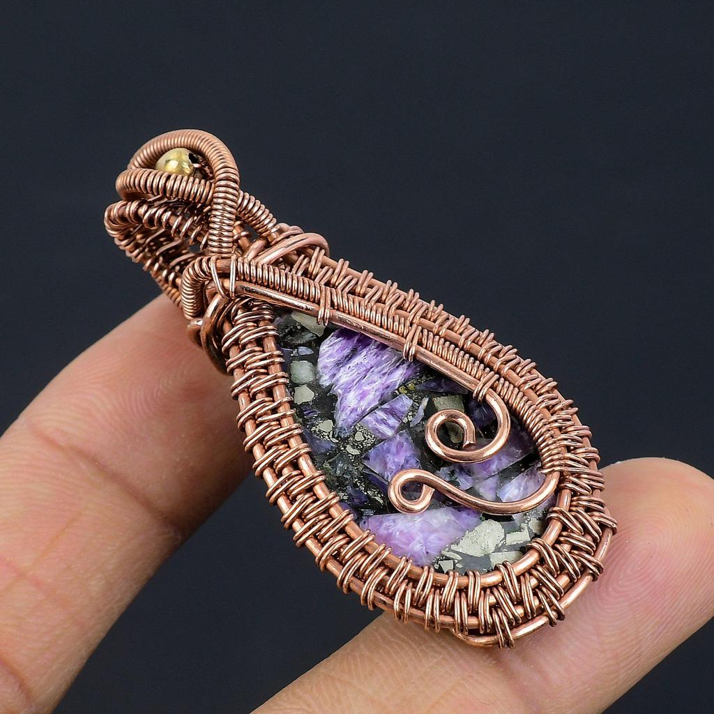 Copper Charoite Pendant Gemstone Jewelry, 999 Copper Wire Wrapped Pendant, Handmade Gift For Wife Pendant Jewelry