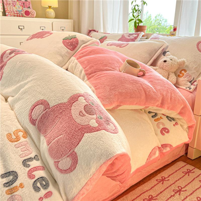 Snowflake Fleece Four-Piece Set, Thickened Milk Coral Fleece Quilt Cover, Double-Sided Fleece Quilt Cover, Bed Sheet, Bed Hat Three-Piece Set