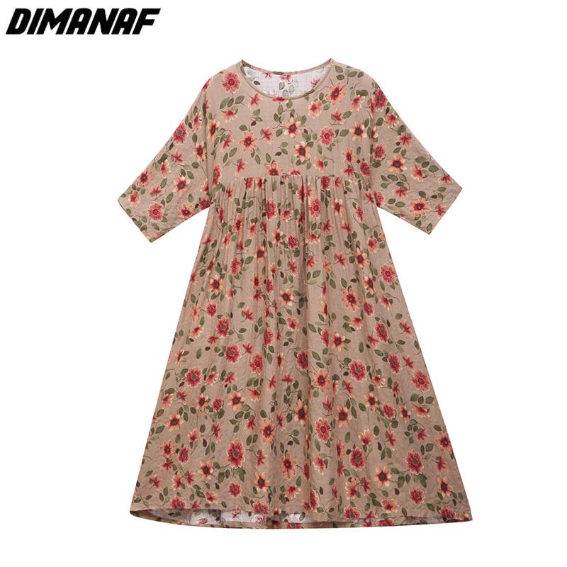 Dimanaf Plus Größe Frauen 2023 Neue Sommer Stil Kleid Lange Hülse O-ansatz Floral Lose Kleid Grün Leinen Grund Kleider