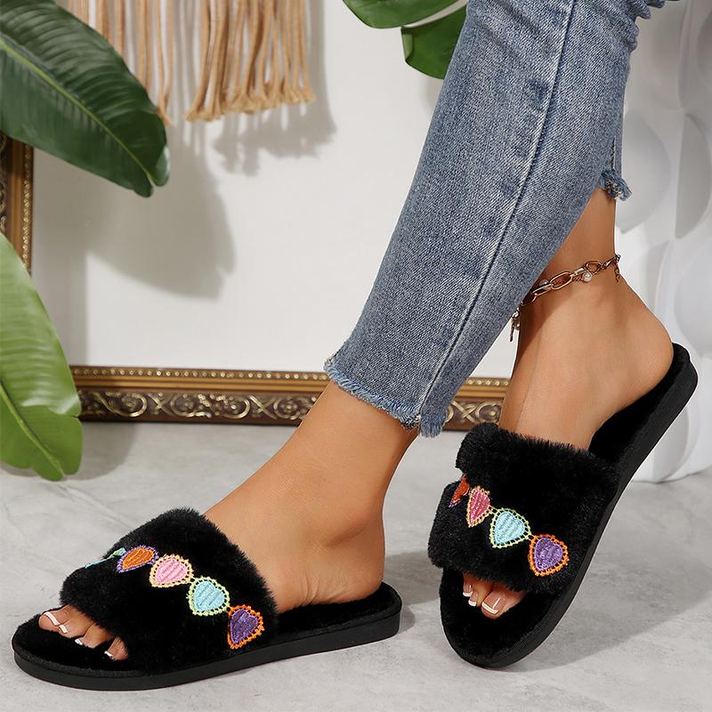 Fashion Heart Embroidery Cotton Slippers Women Black Slip On Light House Cotton Slippers Woman Soft Faux Fur Flat Heel Fur Slides Female