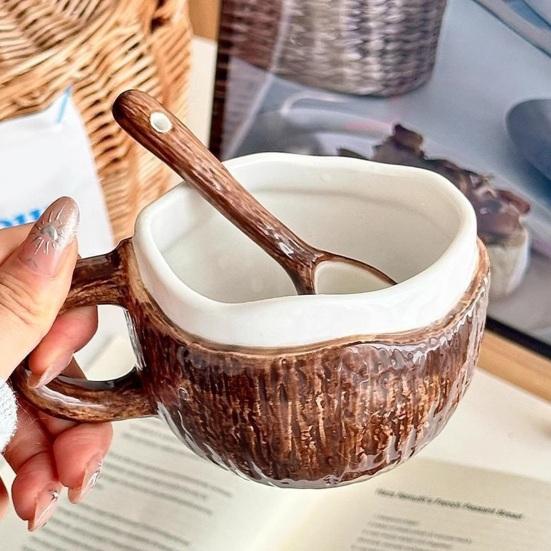 Durable Ceramic Oatmeal Bowl Vintage Coconut Shell Mug, Handmade Irregular Coffee Cup with Spoon, Heat Resistant Hot Drink Mug Rustic Texture