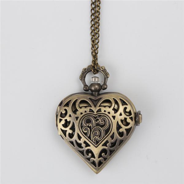 Hollow Heart-Shaped Pocket Watch Necklace Pendant Chain Women