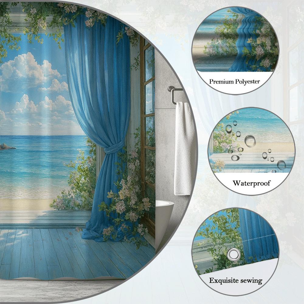 Ocean View Window Shower Curtain Blue Curtains And Flowering Vines Beach Scene Coastal Bathroom Decor Waterproof Non-Toxic