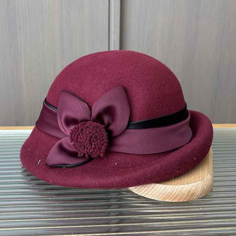 Wool Hat Winter Women'S Fashion Bucket Hat High-End Three-Dimensional Satin Flower Bud Hat Half-Roll Top Hat
