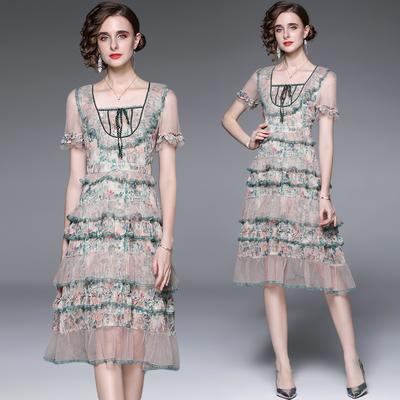 Summer Short Sleeve Self Portrait Dress Women Sexy Square Collar Ruffles Mesh Cake Dress Designer Runway Midi Party Dress