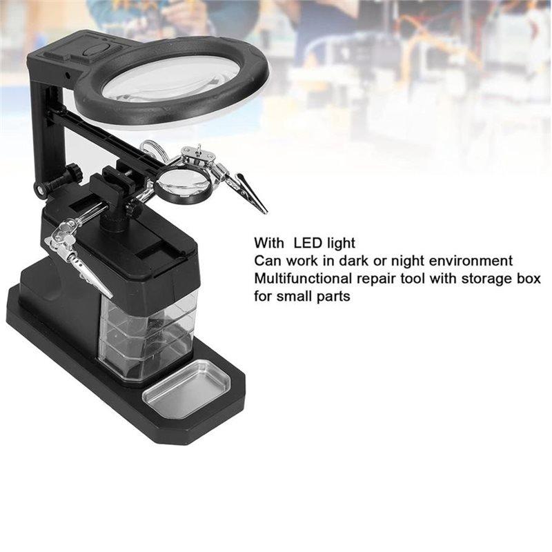 ABMH-Clip-On Magnifier With LED Helping Hands Soldering Iron Stand Featuring 2.5X 4X 16X Magnification Glasses