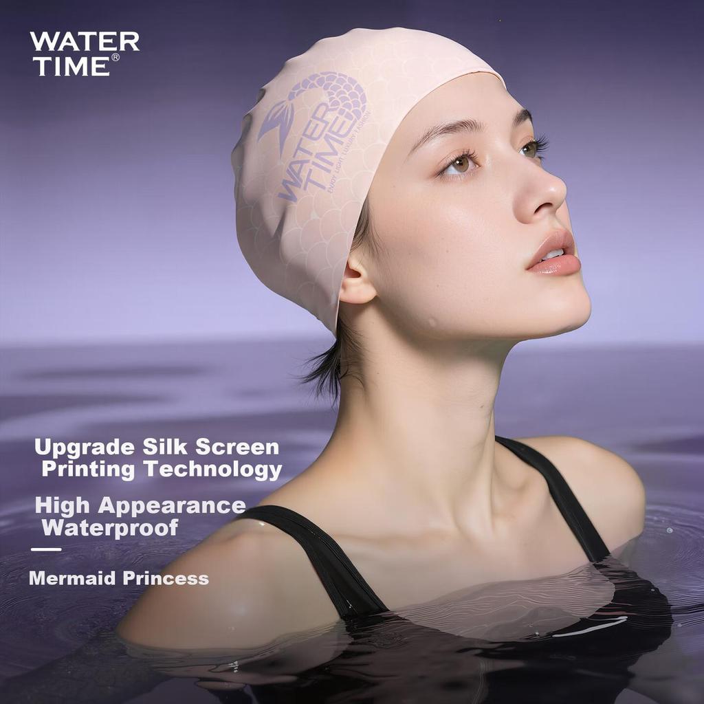 WATERTIME Silicone Swimming Cap, Extra Large Size for Long Hair, Mermaid Series, Pink