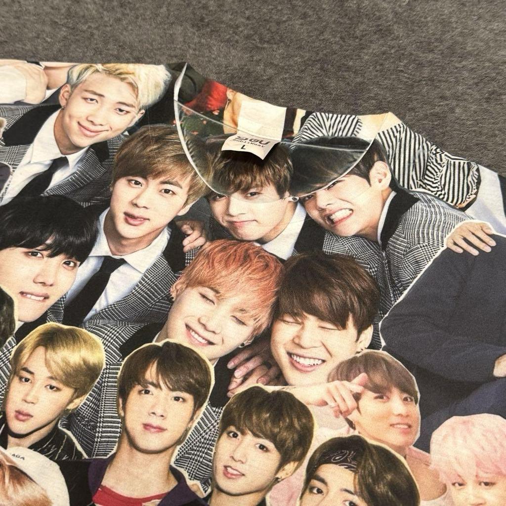 [USED] BTS all-over print T-shirt featuring V, Jungkook, Jimin, Jin, and Suga. Rare.