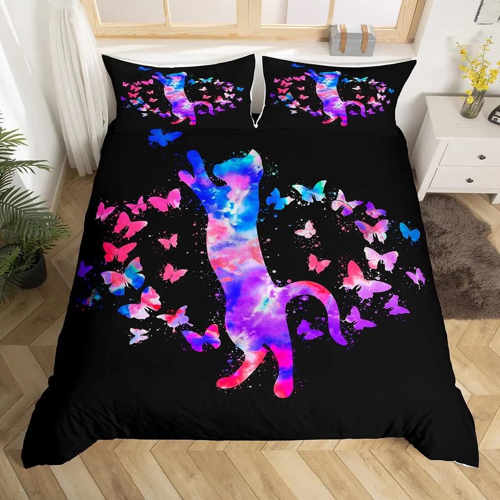 3D Digital Printing 2/3Pc Animal Cat Pattern Quilt Cover Pillowcase Double Bed Set Cover Quilt Soft Microfiber Bedding Set