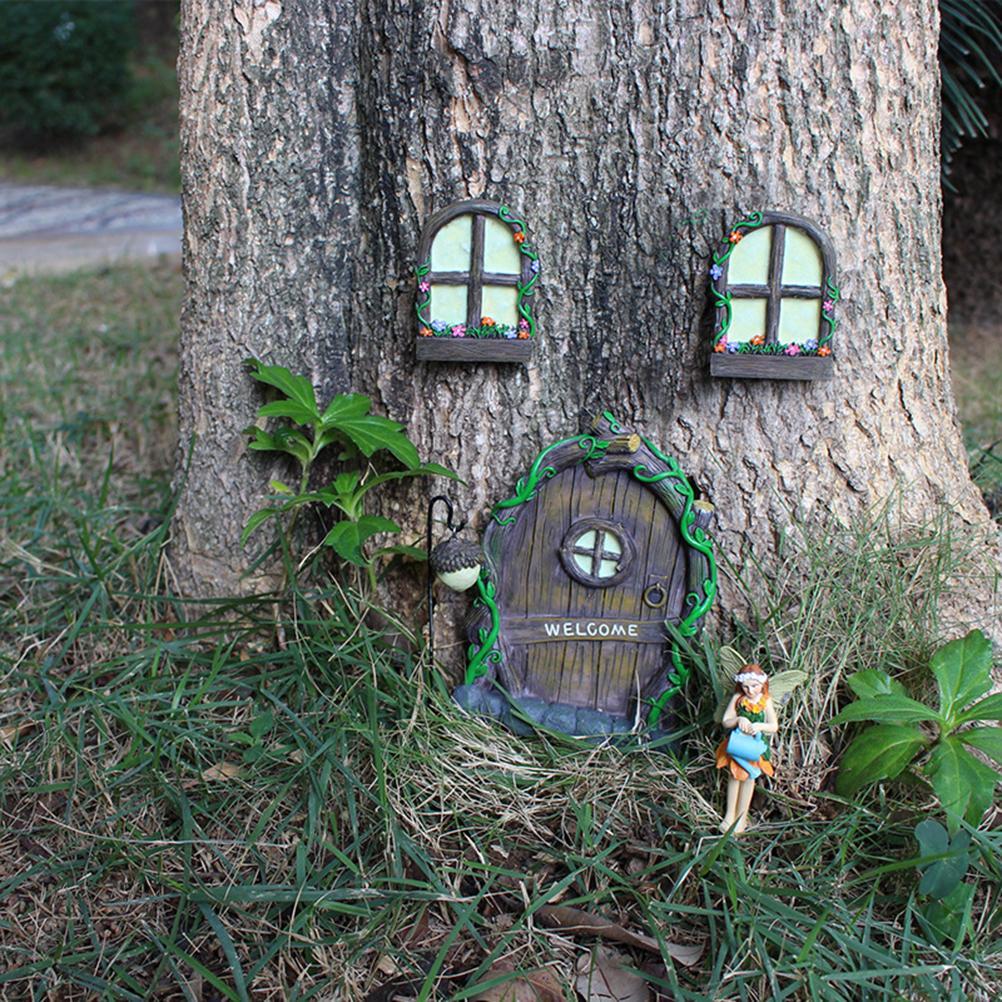 Miniature Fairy Elf Home Door Windows and Chandelier Luminous Tree Decor Art Decorations In The Dark