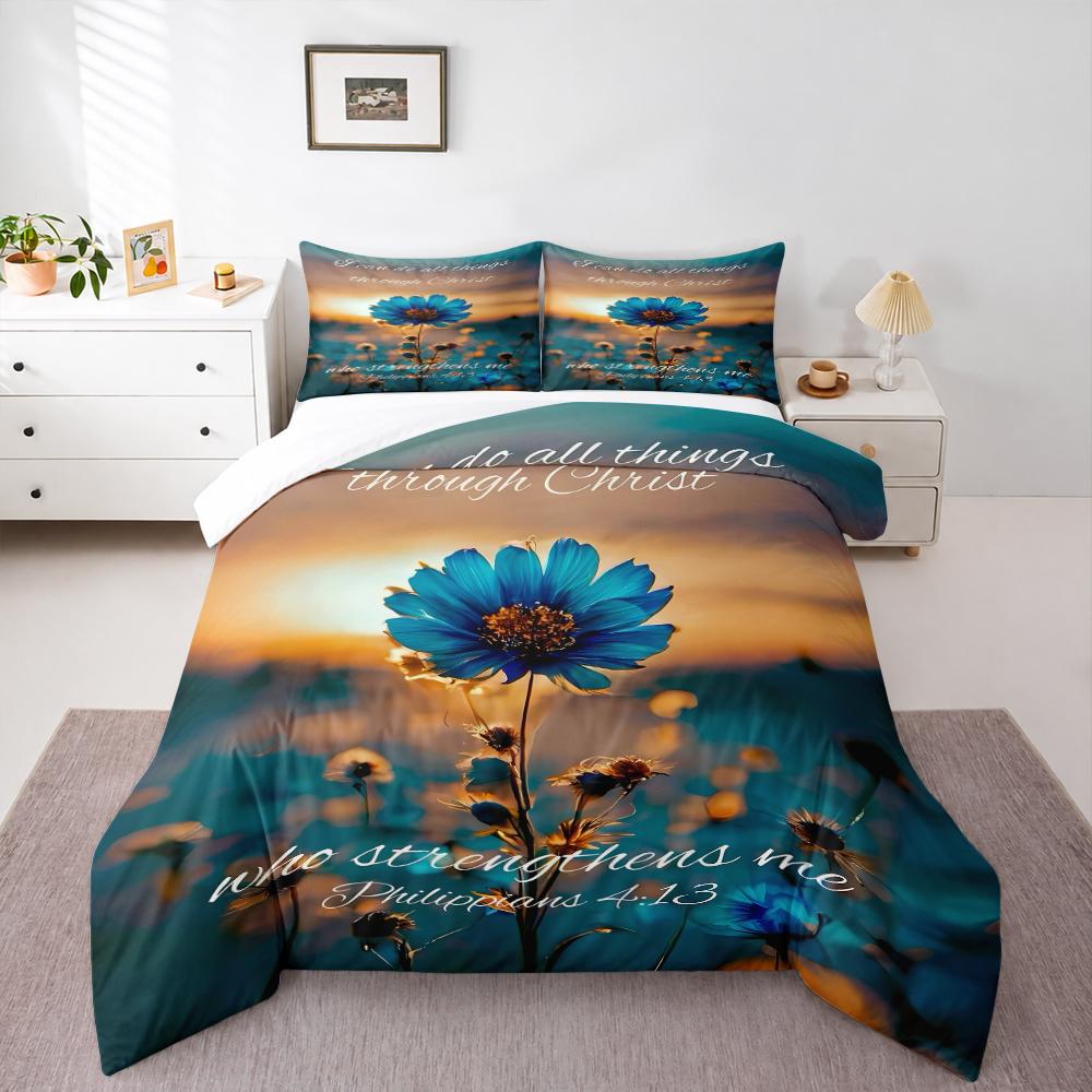 Blue Flower Sunset Bible Verse Bedding set (1 duvet cover, 2 pillowcases, duvet not included), Philippians 4:13 Christian Art Print