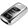 Car Remote Key Fob Cover Case Shell Protector 3 Button Compatible for VW Tiguan 2009-2017, Full Protection TPU Silver Tone