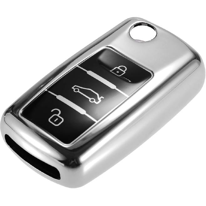 Car Remote Key Fob Cover Case Shell Protector 3 Button Compatible for VW Tiguan 2009-2017, Full Protection TPU Silver Tone
