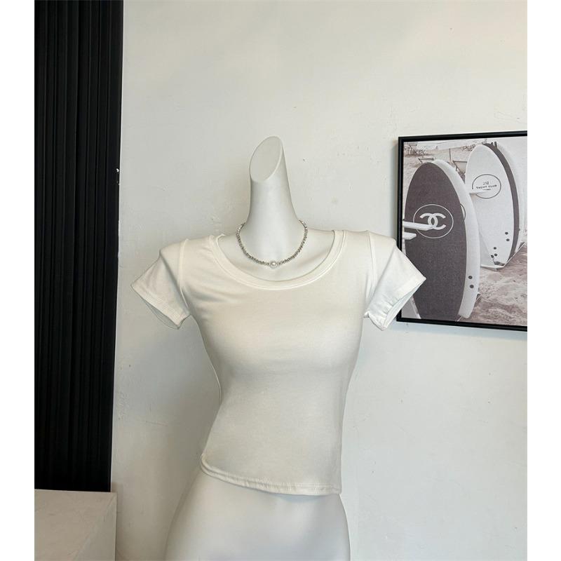 Solid Color Short-sleeved T-shirt for Women In Summer New Low Round Neck Slim Shoulder Slim Collarbone 260g Top New Style