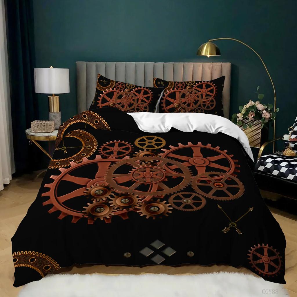 Industrial Gear Bedding Steampunk Style Duvet Cover King Queen Metal Mechanical Device Polyester Quilt Cover for Teens Men Black
