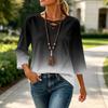 Women's V-Neck Loose Fit Three-Quarter Sleeve Gradient Print T-Shirt Top for Casual Everyday Wear