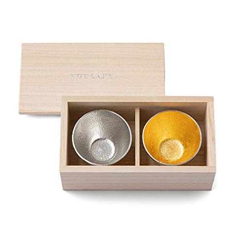 

[Nousaku Washi Wrapping] Set of 2 Sake Cups, Tin and Gold, in Paulownia Wood Box