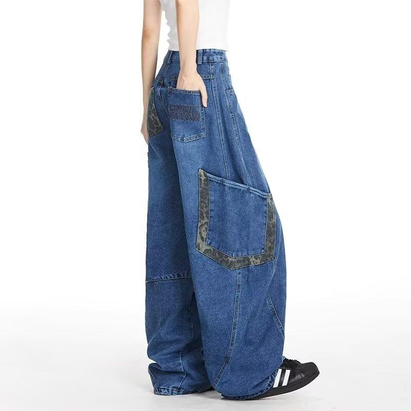 Scimitar overalls men's and women's trendy brand spring and autumn retro ruffian handsome leopard print jeans high street loose trousers