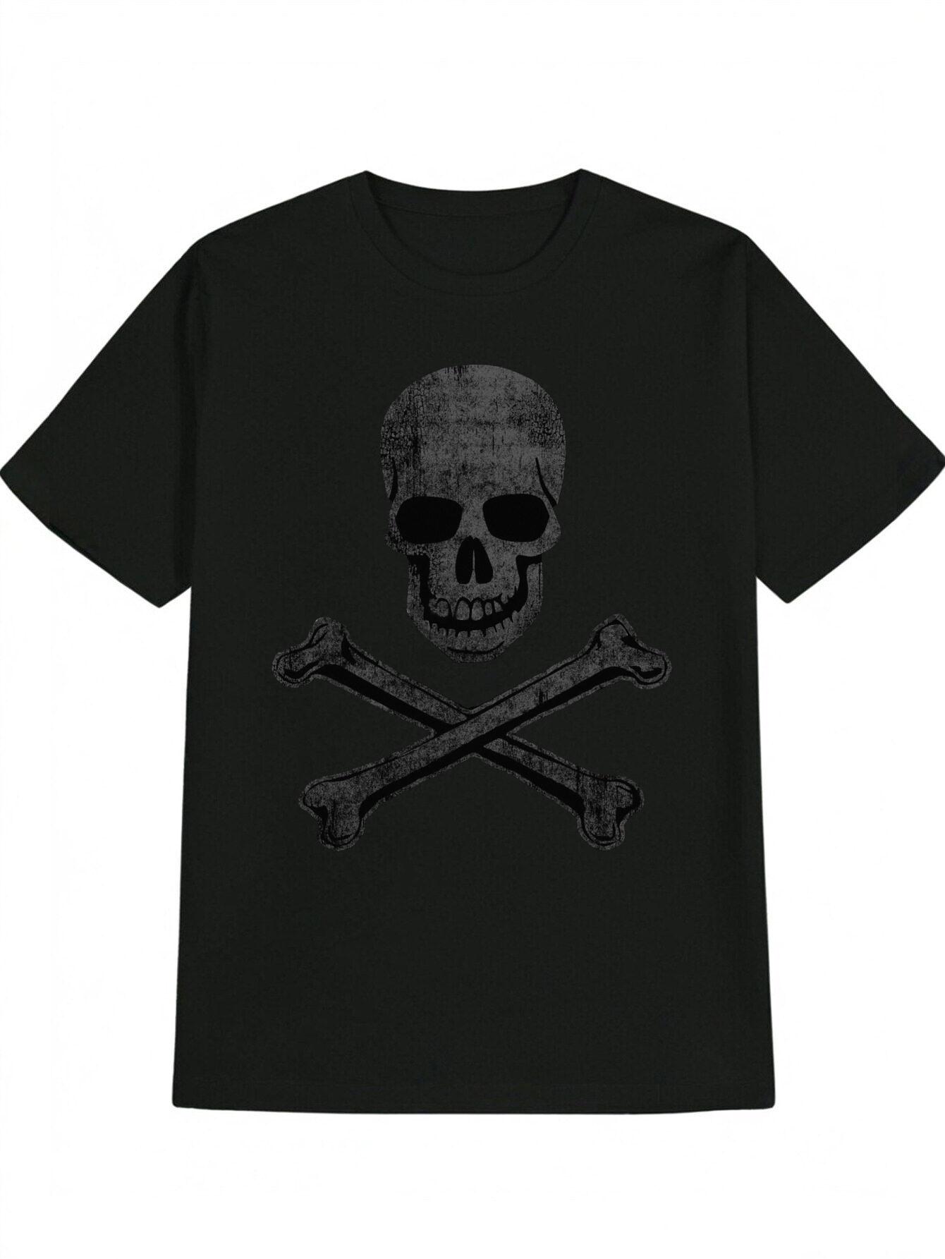 Casual Skull & Bones Graphic T-shirt - Black Round Neck Tee with Distressed Skull & Crossbones Design XL