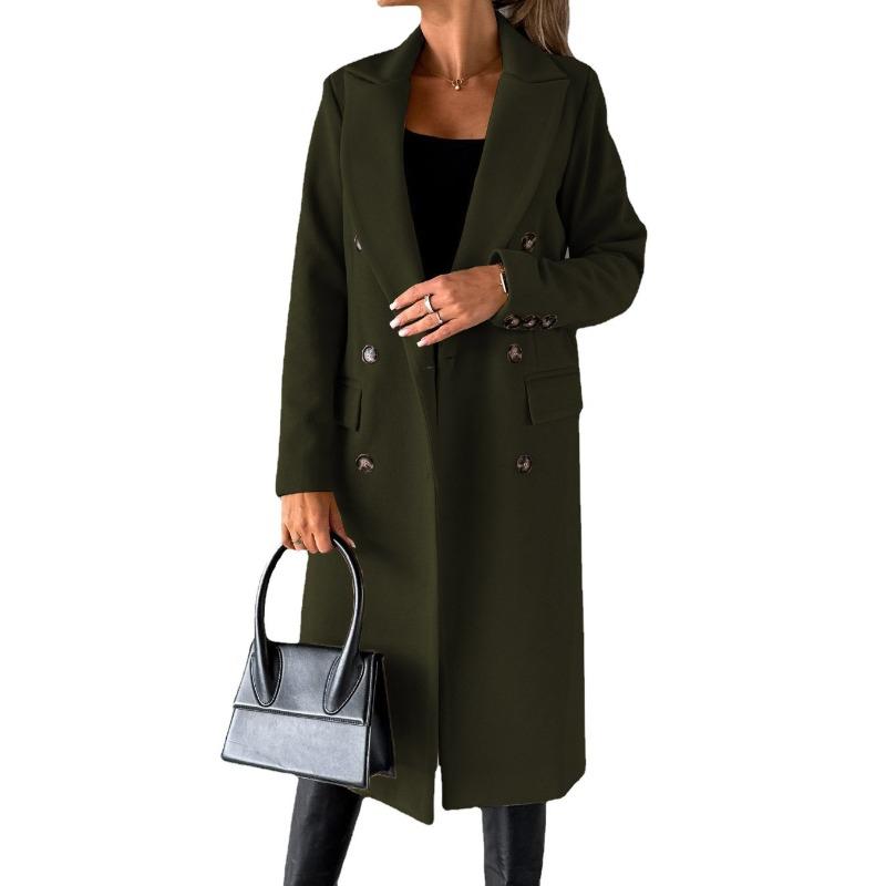 QICED Women's Coat Versatile Tweed Coat Solid Colour Long Sleeve Double Breasted Plug Pockets
