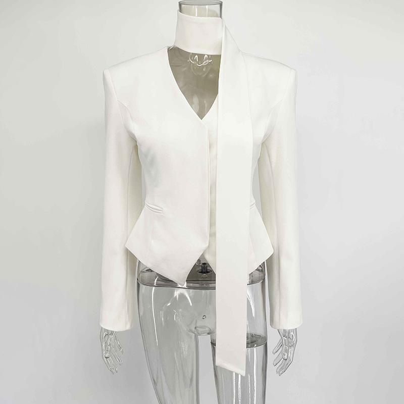 Casual Striped Blazer Coats Women 2026 Spring V Neck Scarf Lace Up Jackets Long Sleeves Coat Female Fashion High-End Formal Tailored Coat Outwear