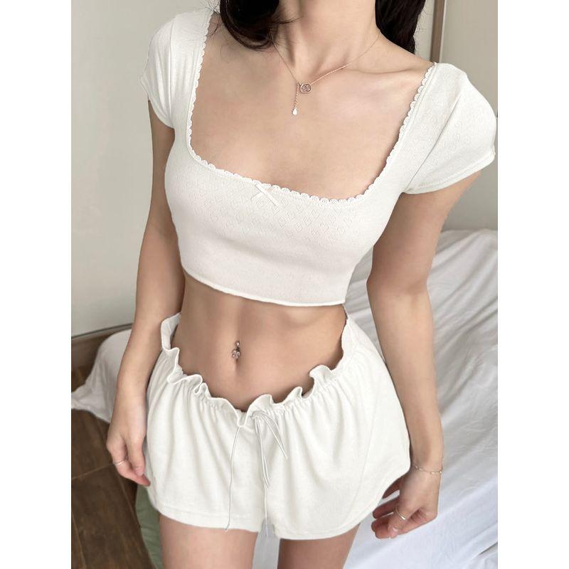 H Home European and American Women's Clothing Pure Desire Casual Home Sexy Suit Lace Square Collar Midriff-Baring Top + Ruffles Shorts
