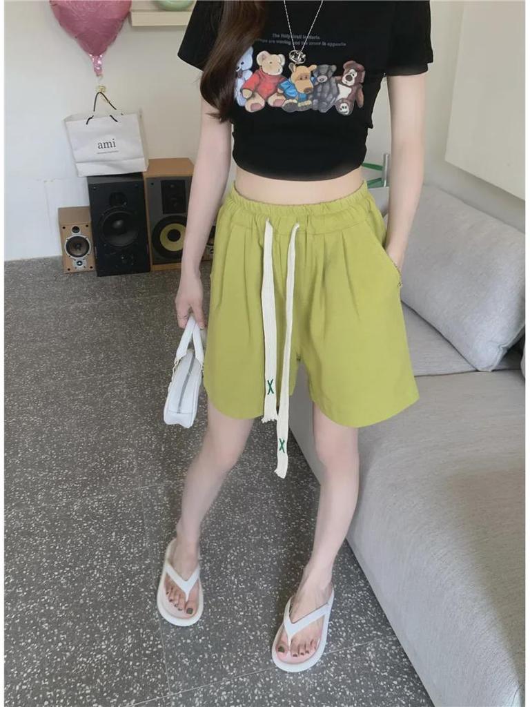 Women's High-Waist Elastic Sports Shorts - Summer 2024 Korean Style Wide-Leg Casual Pants