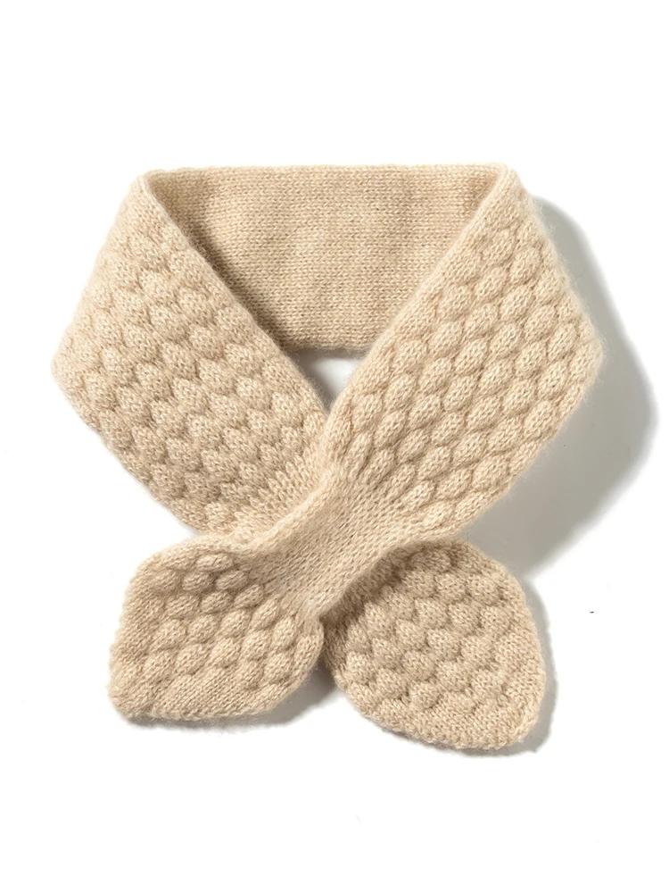 Women 100% Pure Cashmere Knitted Small Bowknot Scarf Neckerchief Moss Stitch Soft Neck Warmer Ring Collar Female Boutique Acc