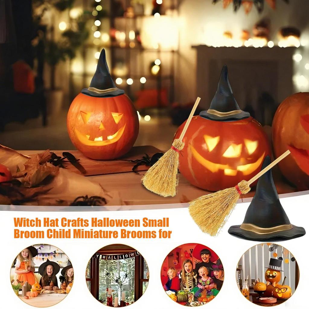 12PCS/Set Mini Witch Hat Crafts Halloween Small Broom Children Miniature Brooms Halloween Decoration for Home Party Wedding