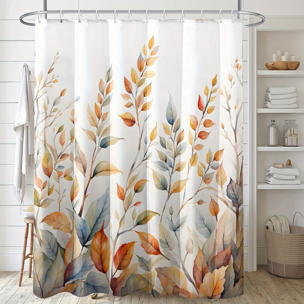 1 Autumn leaves print shower curtain, polyester fabric, with hooks, machine washable, unlined, cartoon pattern for bathroom