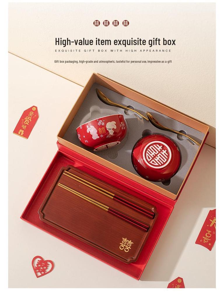 Double Happiness Red Bowl & Chopsticks Set - Wedding, Housewarming, Birthday, Anniversary Gift
