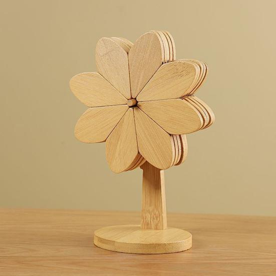 5Pcs/Set Wooden Coasters Set with Stand Pinwheel Shape Changeable Design Heat-resistant Coasters Kitchen Dining Decor