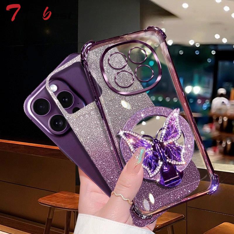 Glitter Butterfly Mirror Crystal Bracelet Case For Xiaomi Redmi Note 15 15C 14 14C 13 13C 12 11 Pro Plus 4G 5G Shockproof Cover