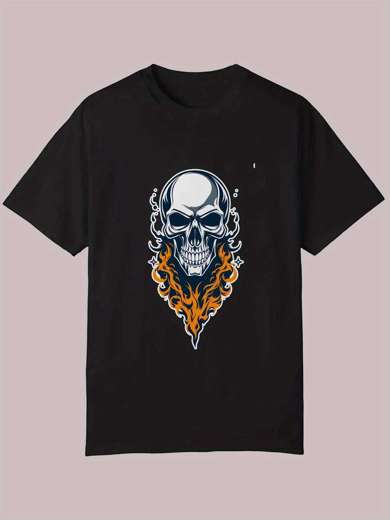

Casual Summer T-shirt - Black Polyester Round Neck Tee with Blue & White Skull Graphic Design S