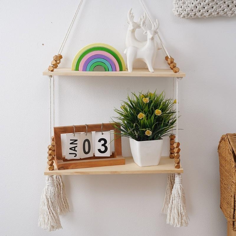 Unique Decorative Floating Tassels Shelf Wood Wall Mounted Storage Rack for Living Room Stylish Bedroom Organizer