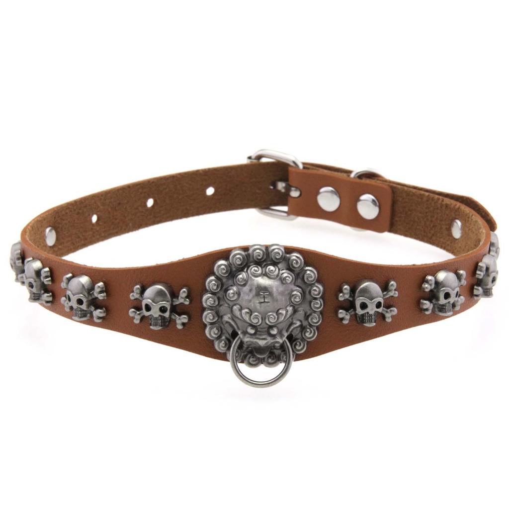 Skull & Lion Pendant Choker, Unisex Punk Leather Hanging Ring Clavicle Necklace