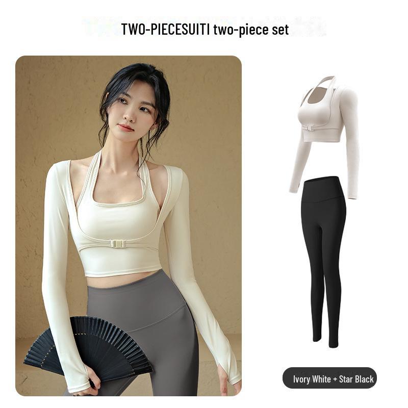 Spring Quick-Dry Running Fitness Suit: Two-Piece Long-Sleeve Yoga Top with Fixed Chest Pad