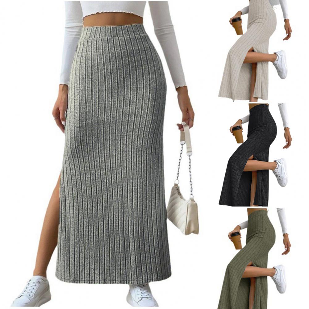 Slim Fit Women Skirt Elegant Womens High Waisted Maxi Skirt with Side Slit Ribbed Knitting Design One Tone Slim Fit Long for A