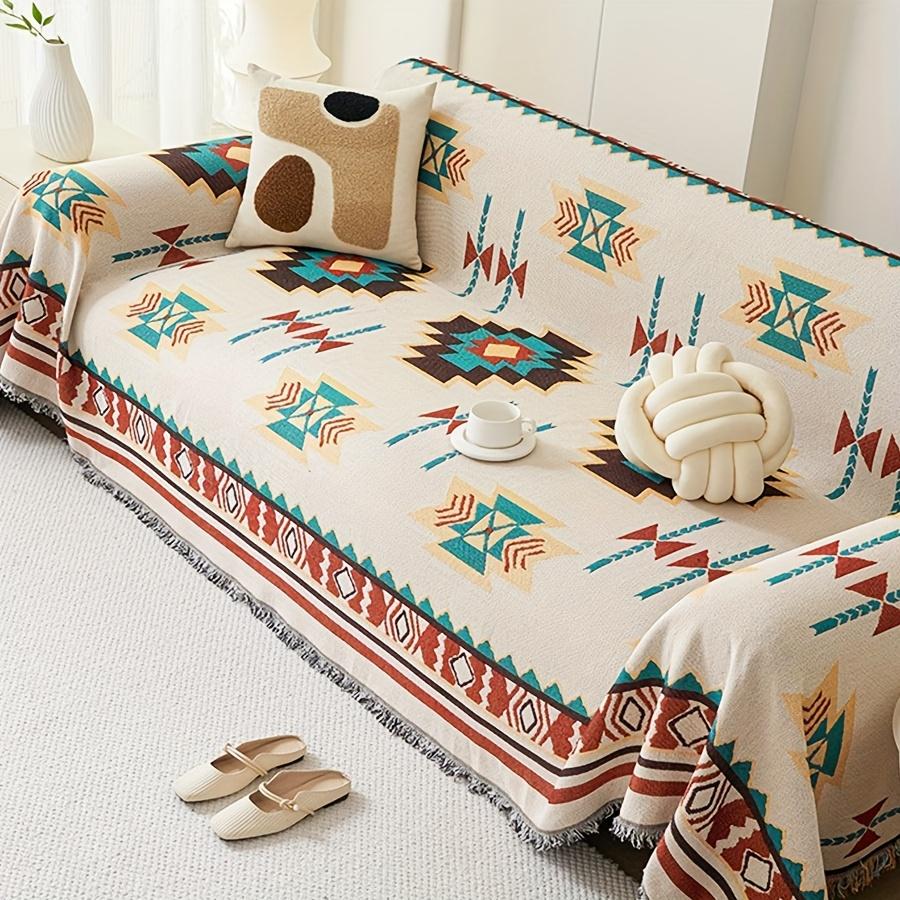 1pc Sofa Blanket Geometric Print Sofa Cover With Tassels Four Seasons Universal Double Face Usable Pet Friendly Home Decor